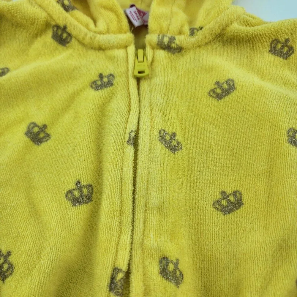 Juicy Couture Baby Girl Zip Front Hooded Romper Terry Cloth Yellow Crowns Sz 18M